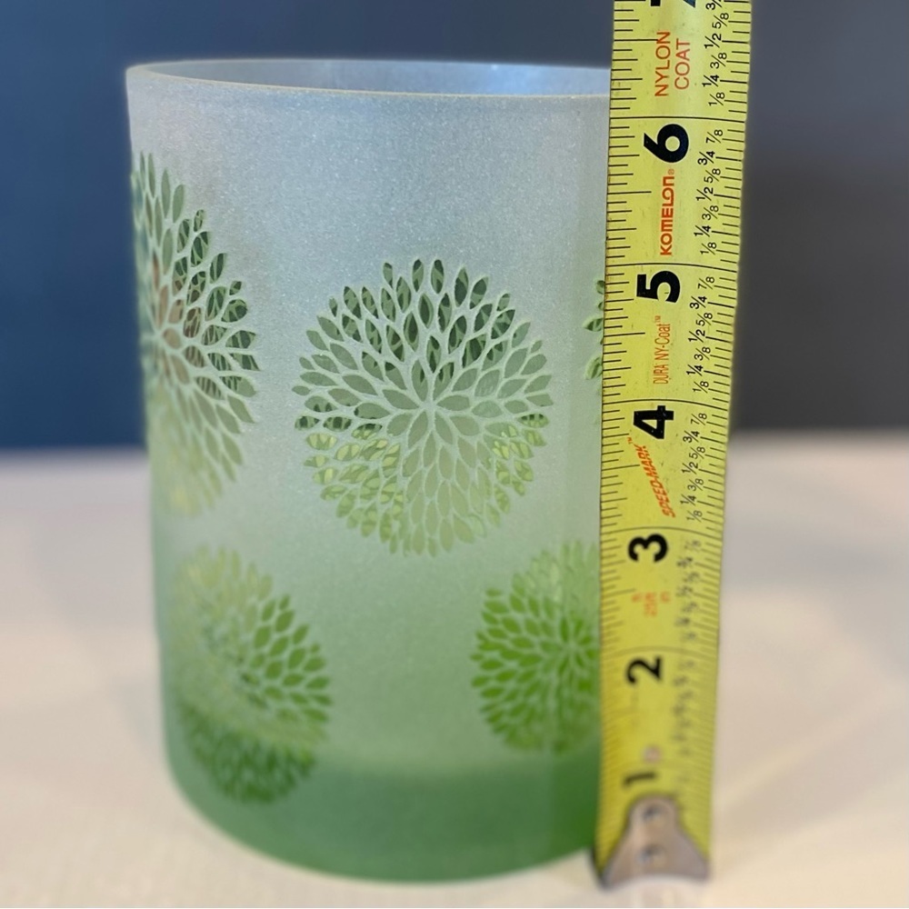 Chrysanthemum Etched Lime Frosted Glass Vase 6” Tall - Picture 8 of 8